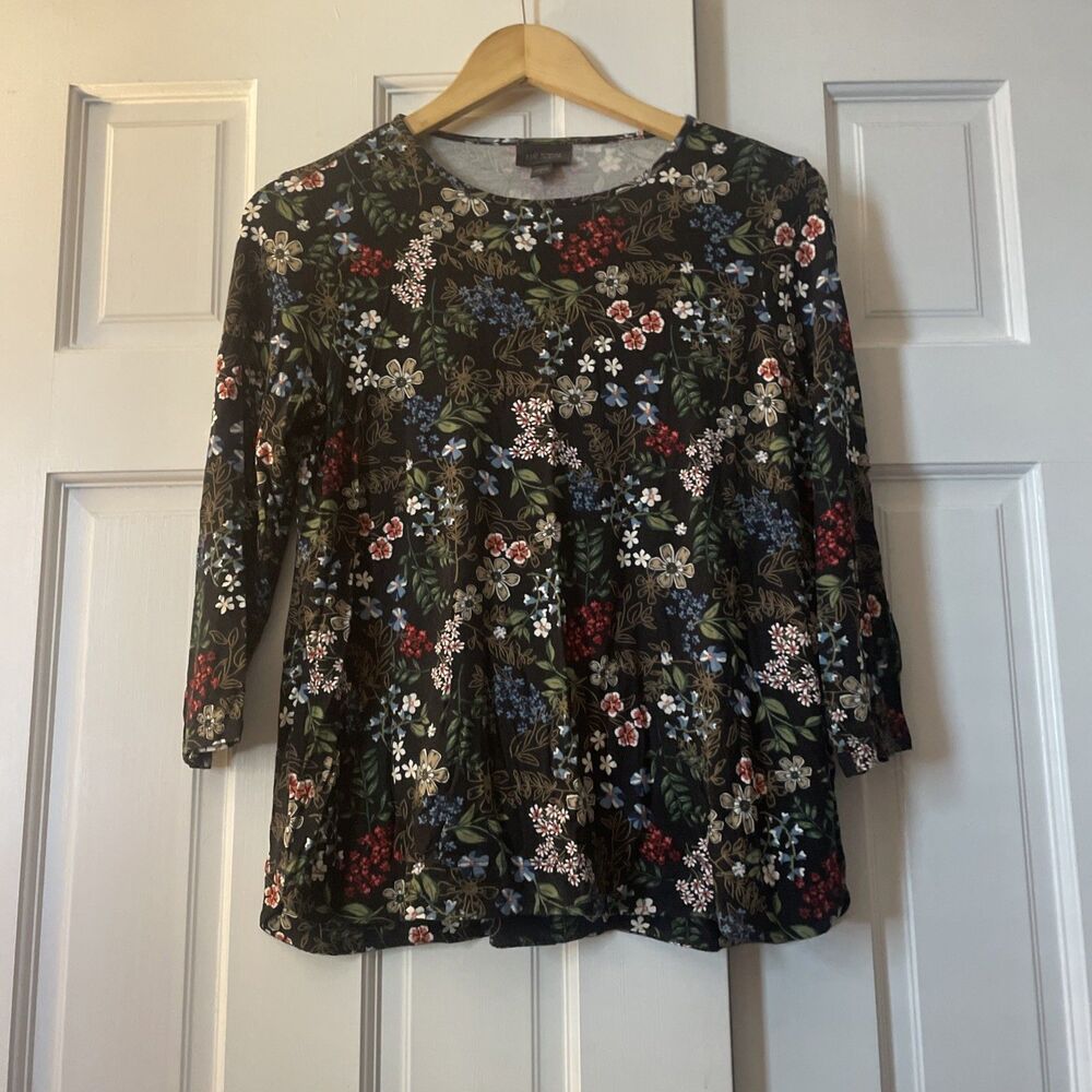 J. Jill Wearever‎ Floral Tunic Top Size S Black Wildflower Cowl Neck 3/4 Sleeve